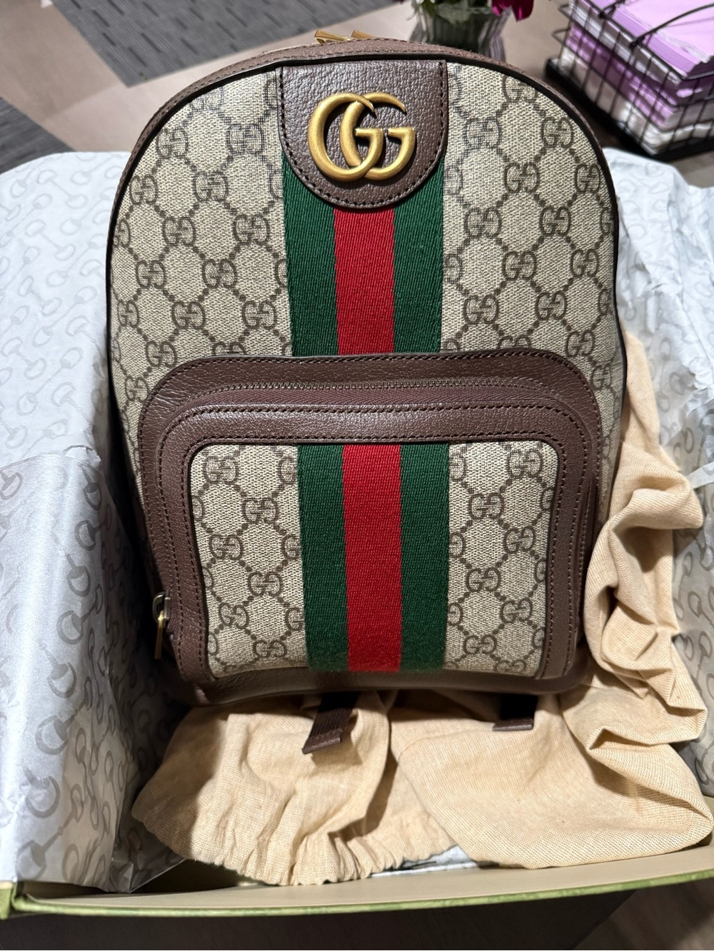 Gucci Beige GG Supreme Canvas Backpack with Brown Leather & Red/Green Web Stripe